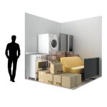 50 sq ft storage unit with furniture, boxes, and household items inside