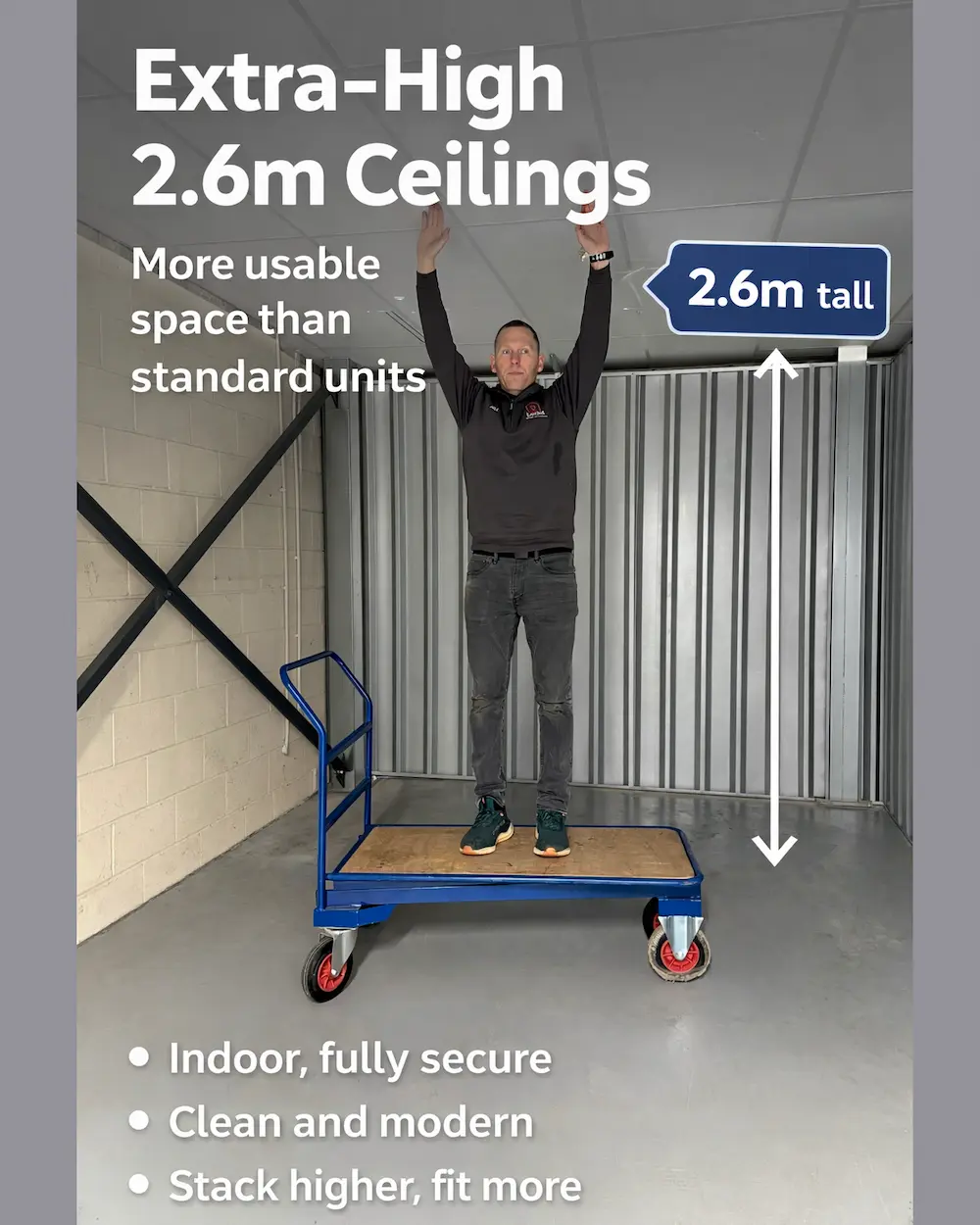 Extra tall ceilings in premium indoor self storage units at Lockd Future Self Storage, Hull city centre