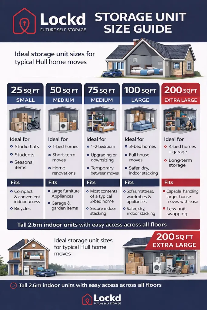 Storage unit size guide showing 25 to 200 sq ft indoor self storage units for typical home moves in Hull at Lockd Future Self Storage