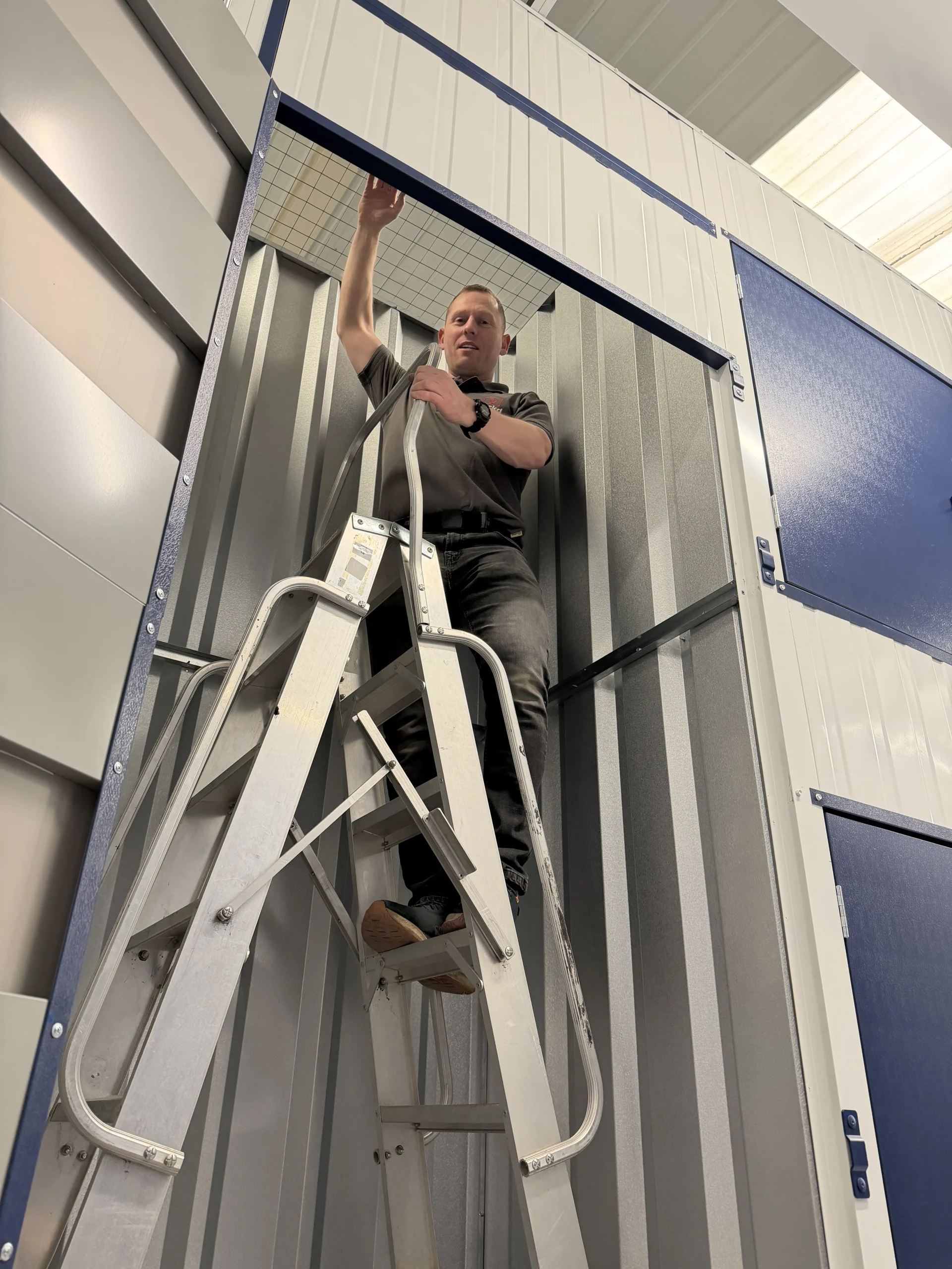 View up into 8ft tall Stacker Plus 10 sq ft indoor storage unit at Lockd Future Self Storage in Hull