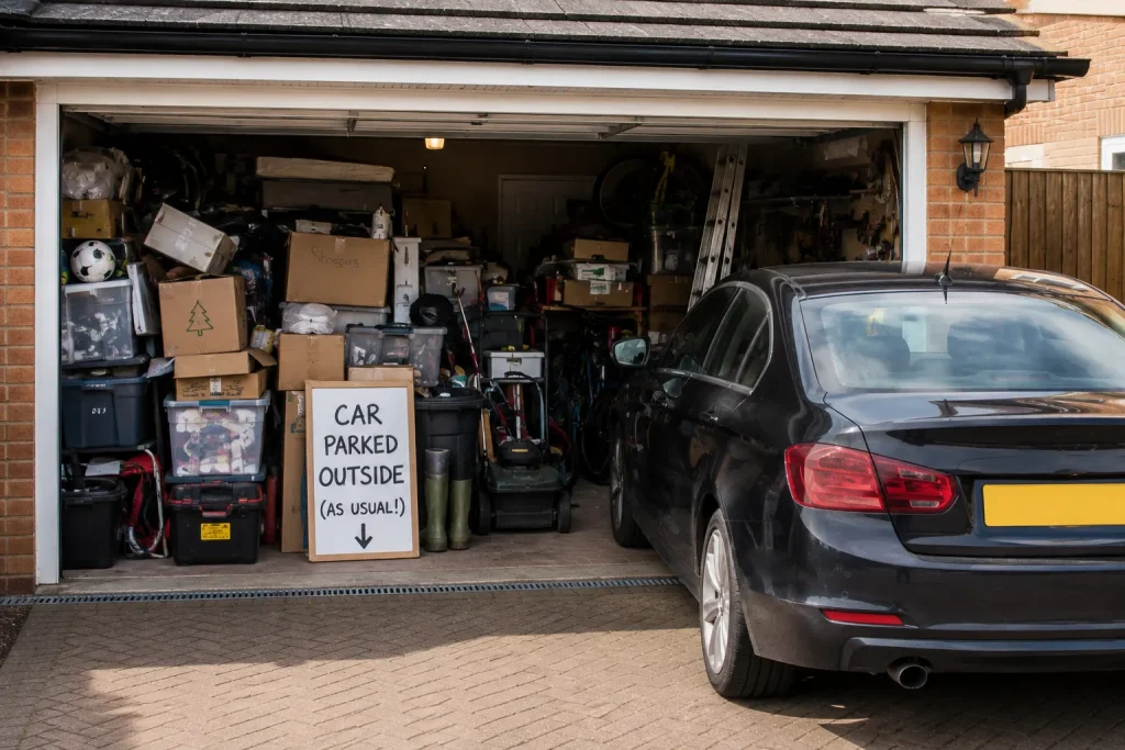 Cluttered UK garage full of boxes, bikes and household items with car parked outside driveway
